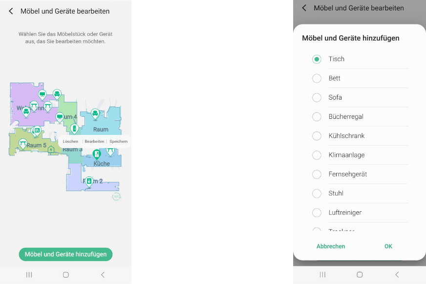 Diverste Einrichtungsgegnstände sind auf der Karte des Samsung Jet Bot AI+ zu sehen.